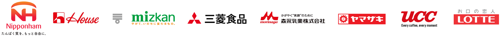 日本ハム、ハウス食品、Mizkan J plus Holdings、三菱食品、森永乳業、山崎製パン、UCCグループ、ロッテ
